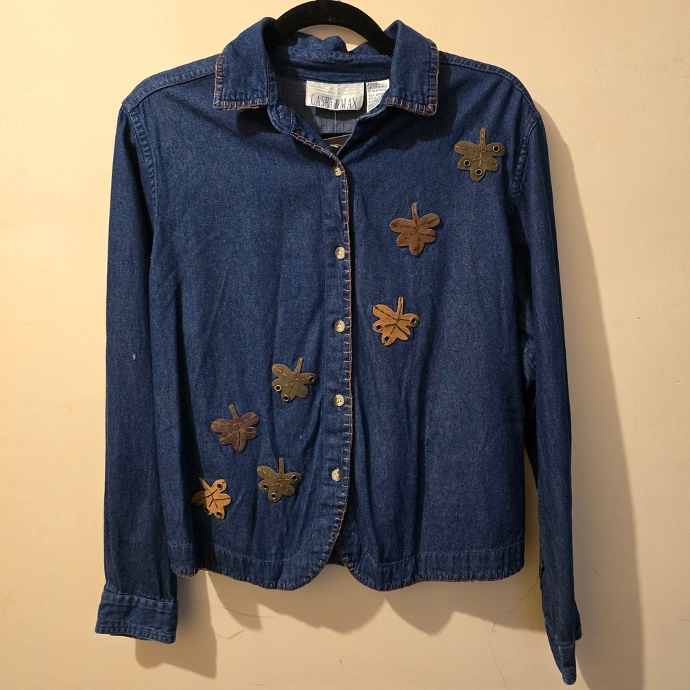 Vintage 90s Casey & Max Denim Shirt Womens S Leaf Applique Cinch Back Cotton